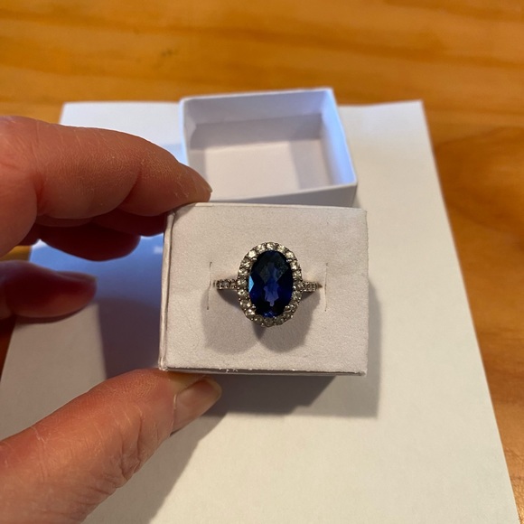 Sterling Silver Sapphire White Sapphire Halo Cocktail Ring with Box